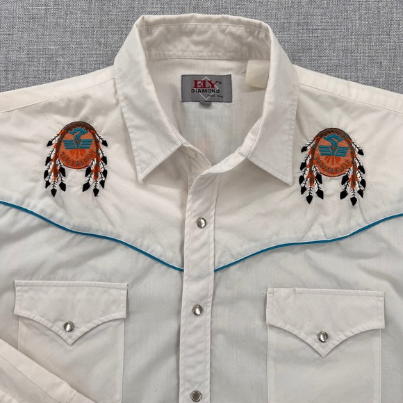 VTG 80s Ely Diamond Western Thunderbird Embroidered Pearl Snap Shirt Men L White - Picture 4 of 11